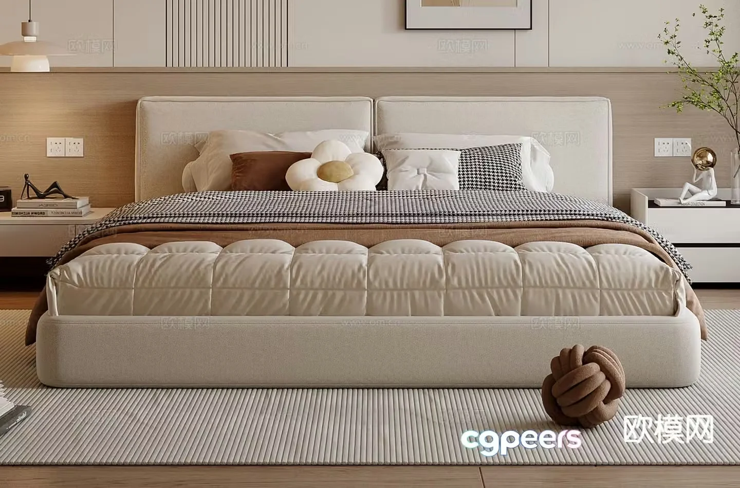 Cream style double bed 3d model
