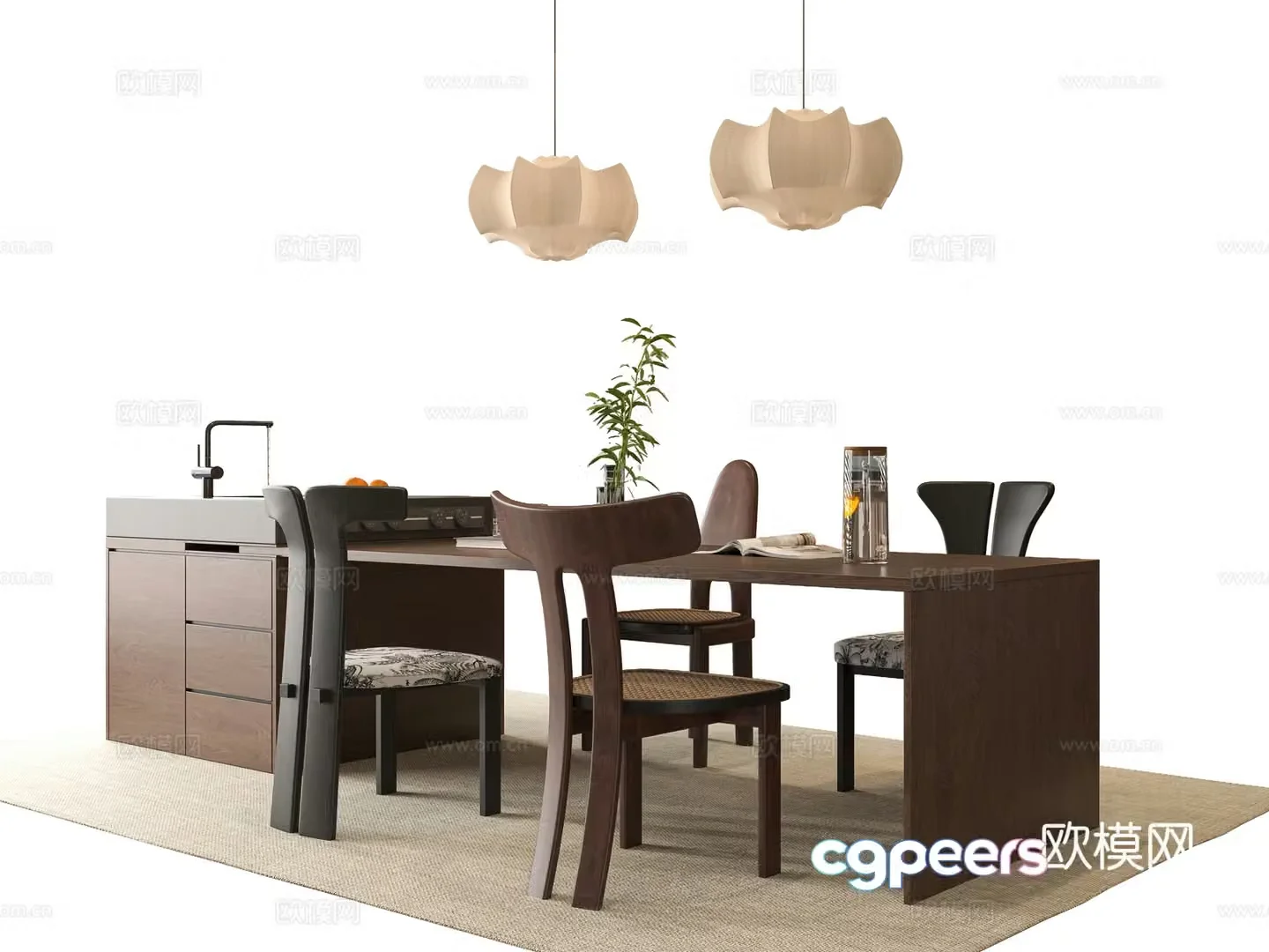 Medium style dining table and chair 3D model
