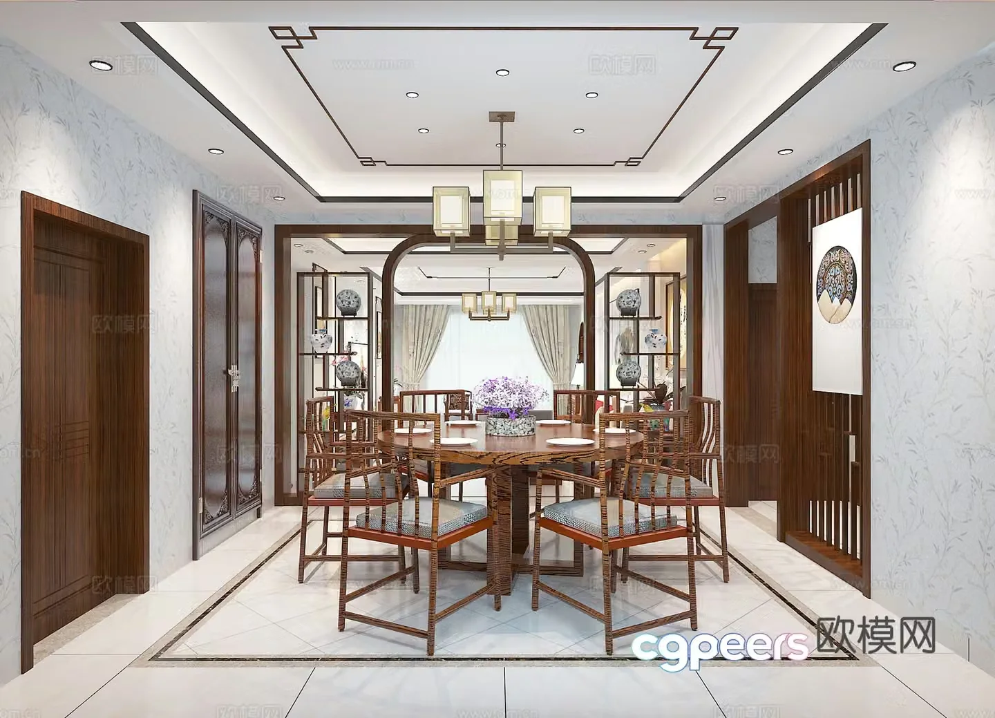 New Chinese style living and dining room sofa and coffee table dining table and chair chandeliers TV cabinet entrance cabinet 3D model