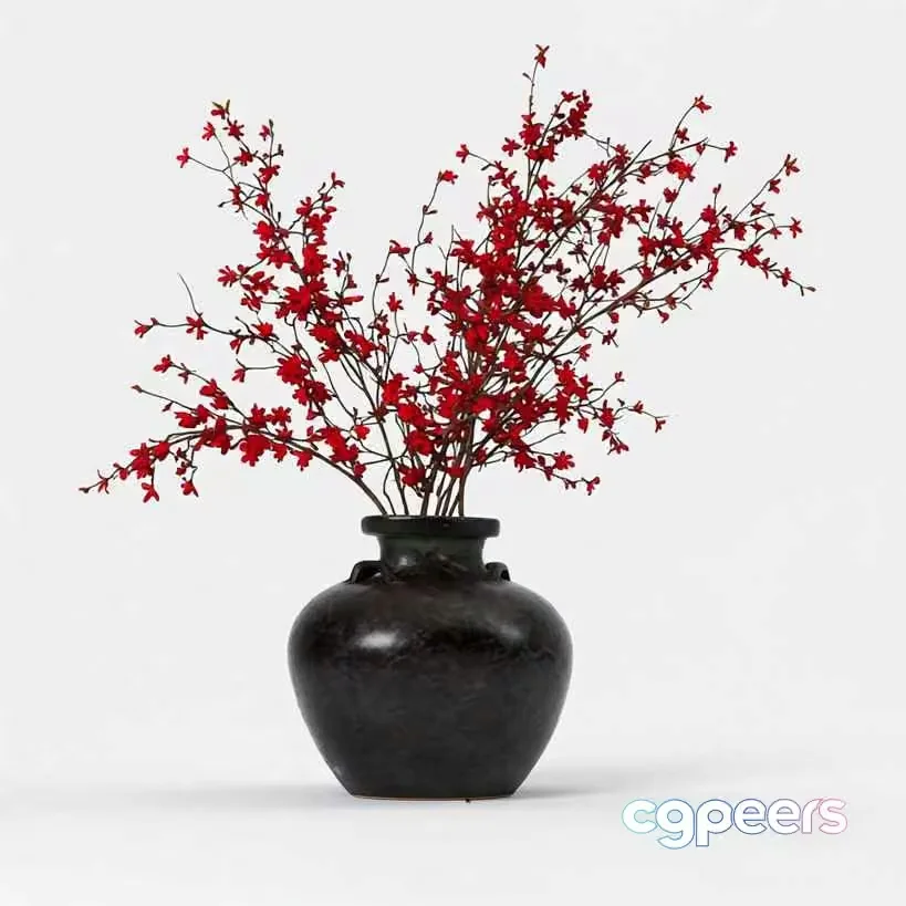 A Black Vase With Red Flowers 3D Model – 12280 – VRAY Render