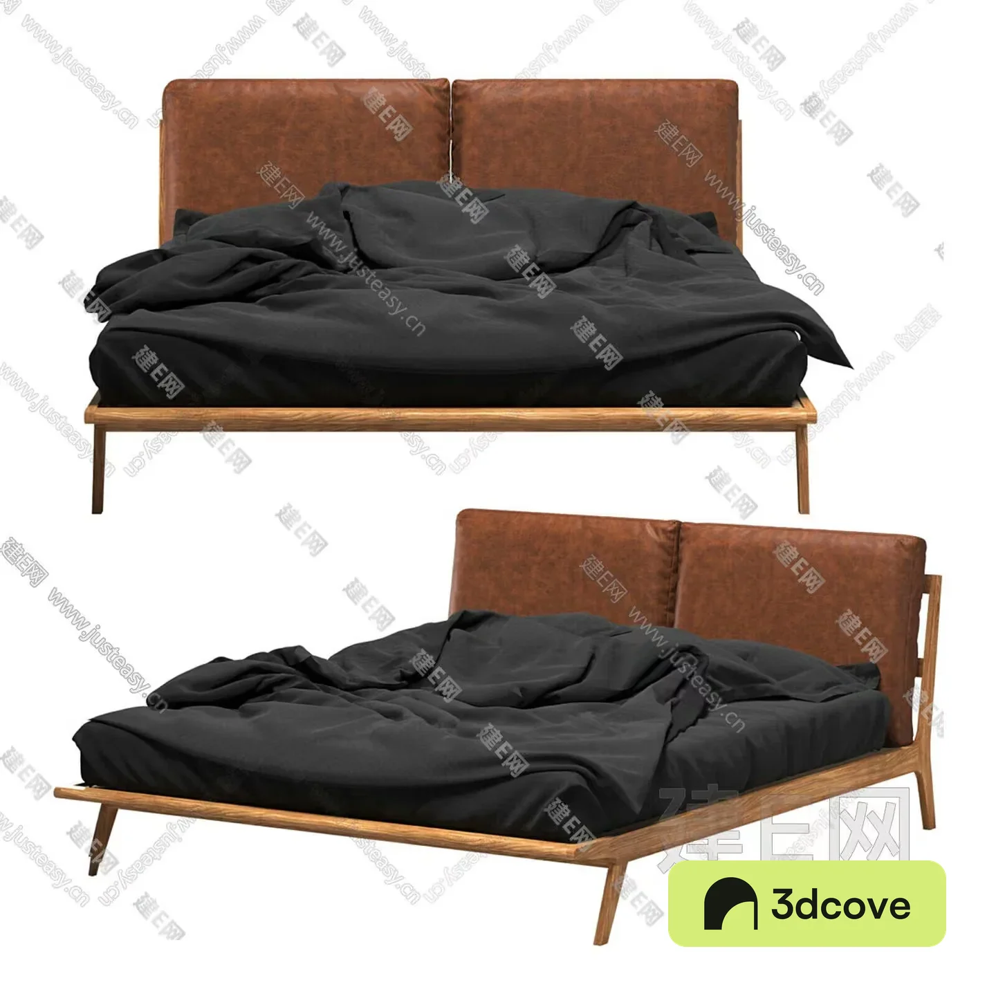 A Bed With A Brown Leather Headboard And A Black Comforter