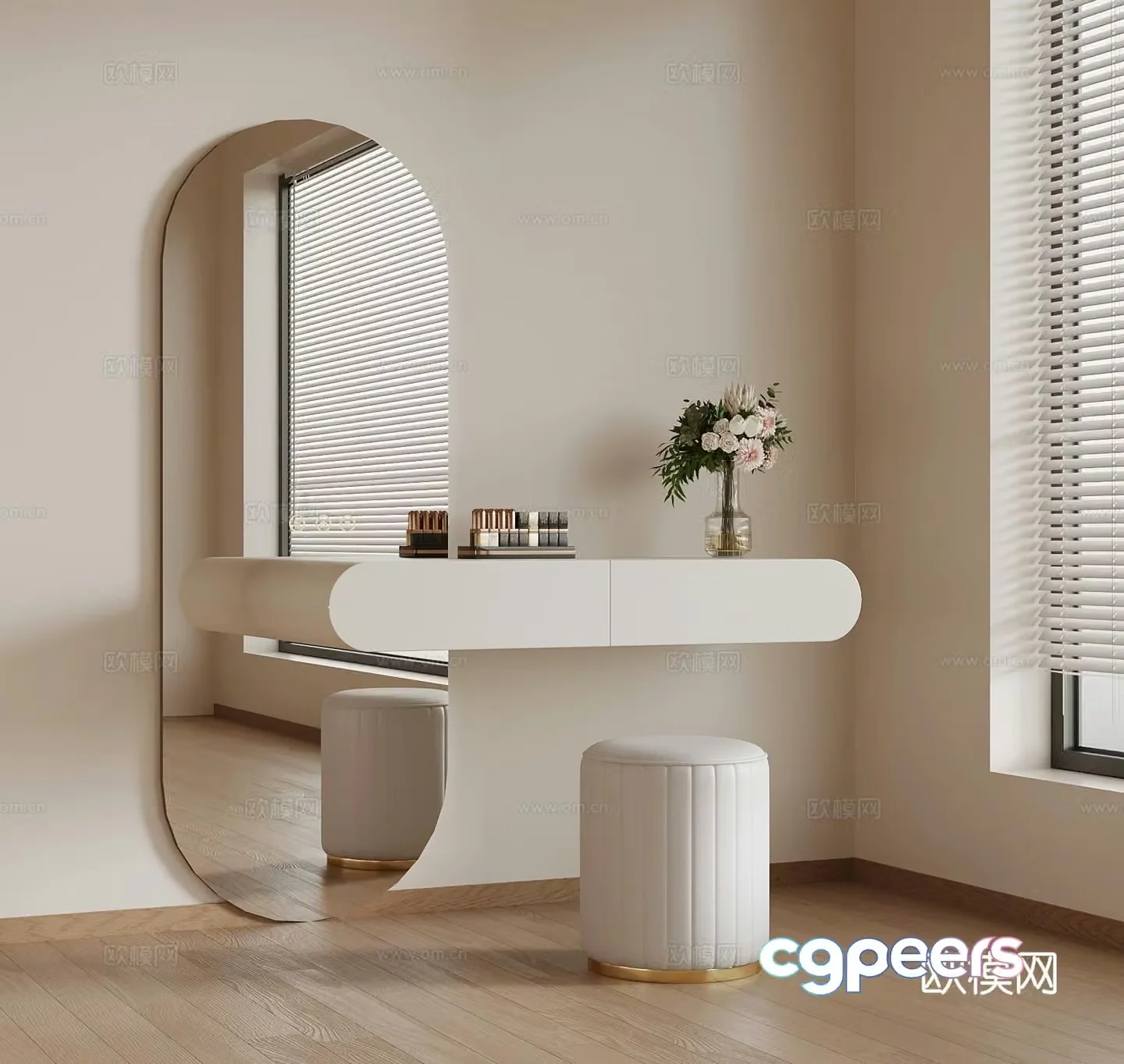 Cream style dressing table makeup table full-length mirror 3D model