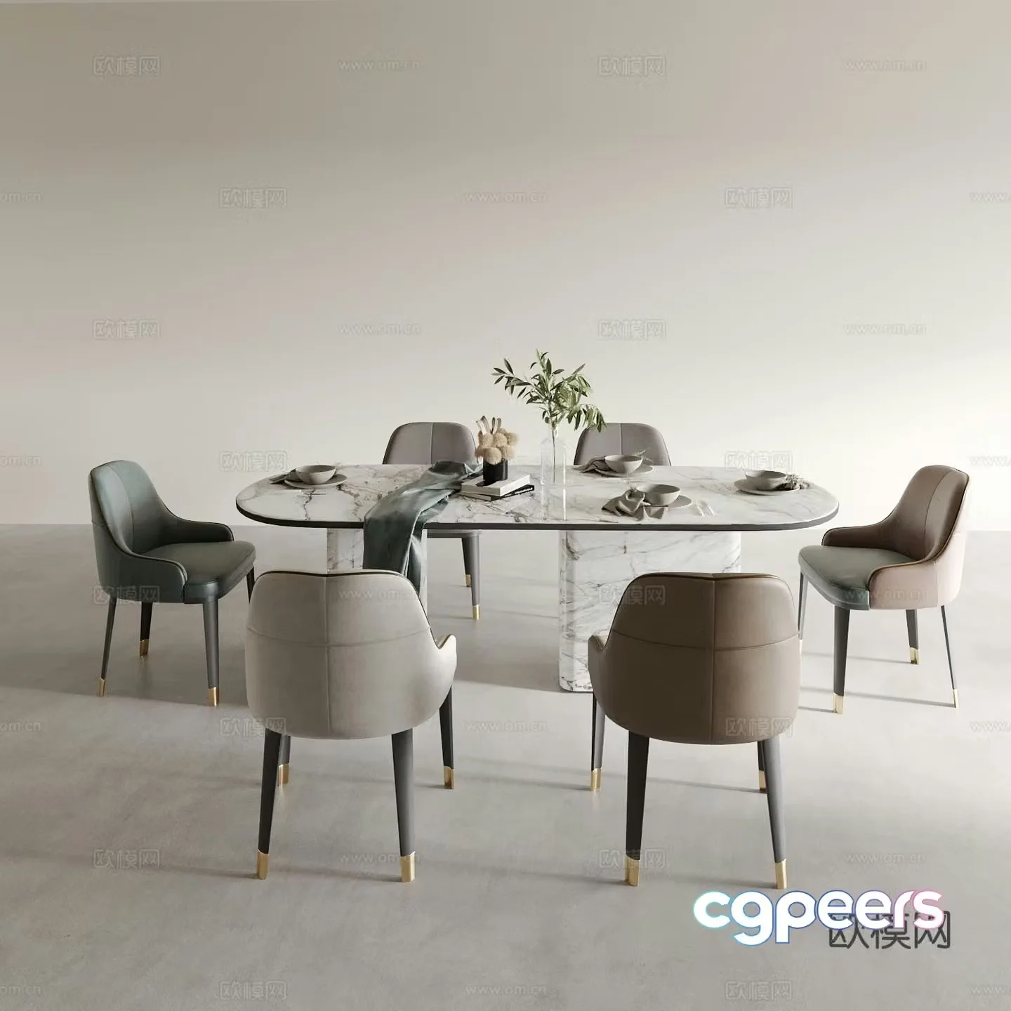 Oval dining table and chairs marble dining table 3d model