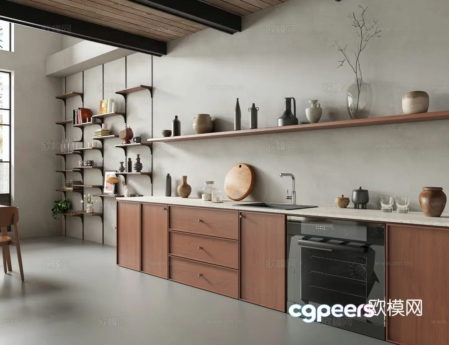 Middle-aged open kitchen Dining kitchen Semi-open kitchen Cabinet Kitchen supplies 3D model