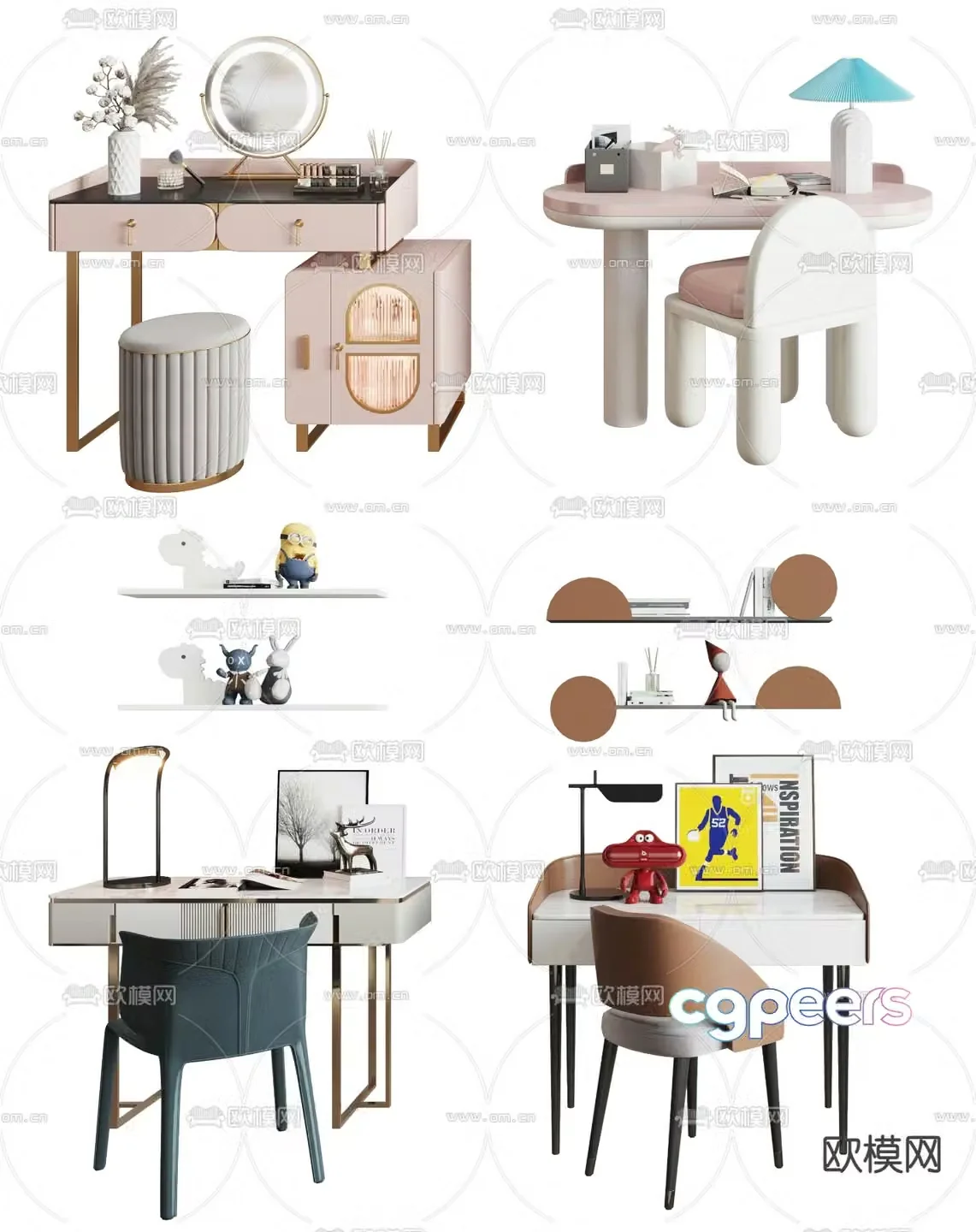 Modern light luxury children’s desk chair and dresser 3D model