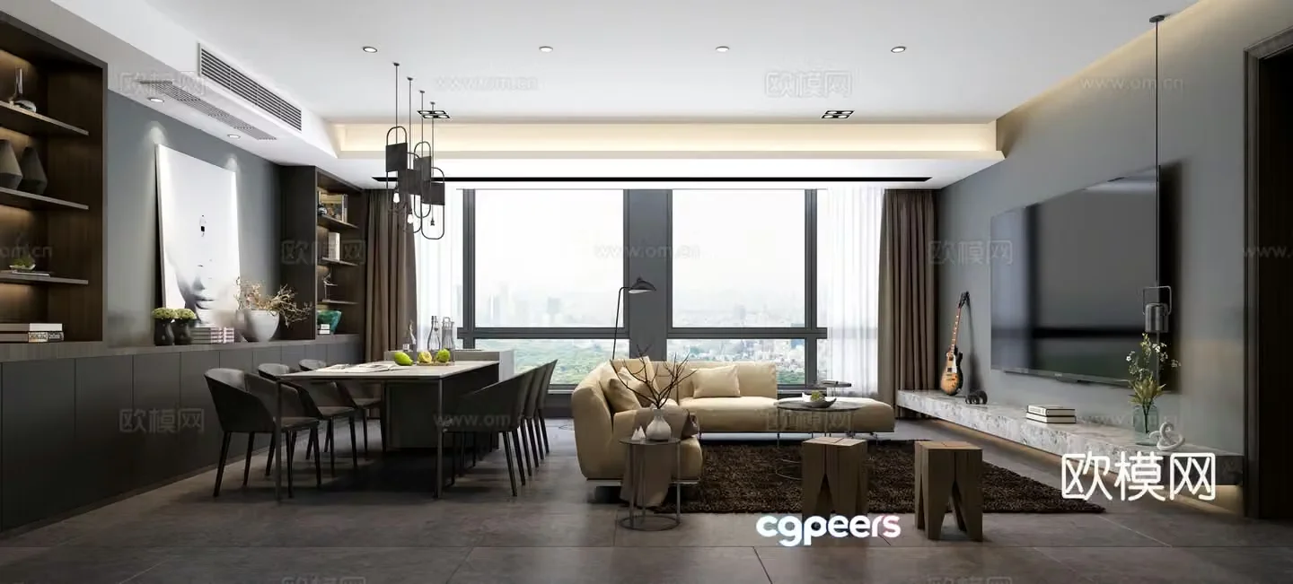 Modern black white and gray living room 3d model
