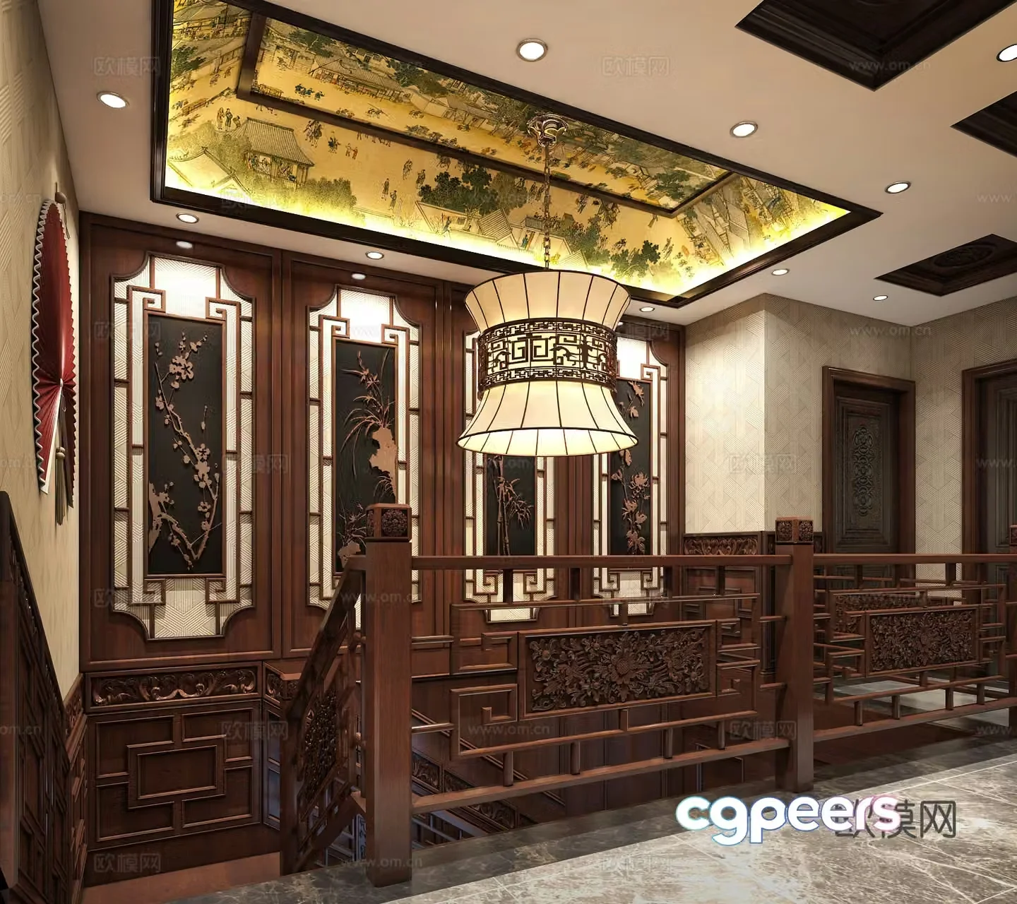 Chinese-style solid wood staircase Qingming River map wall panel 3D model