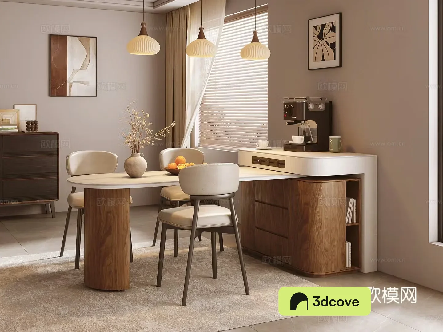 Middle-aged island table dining table and chair 3D model