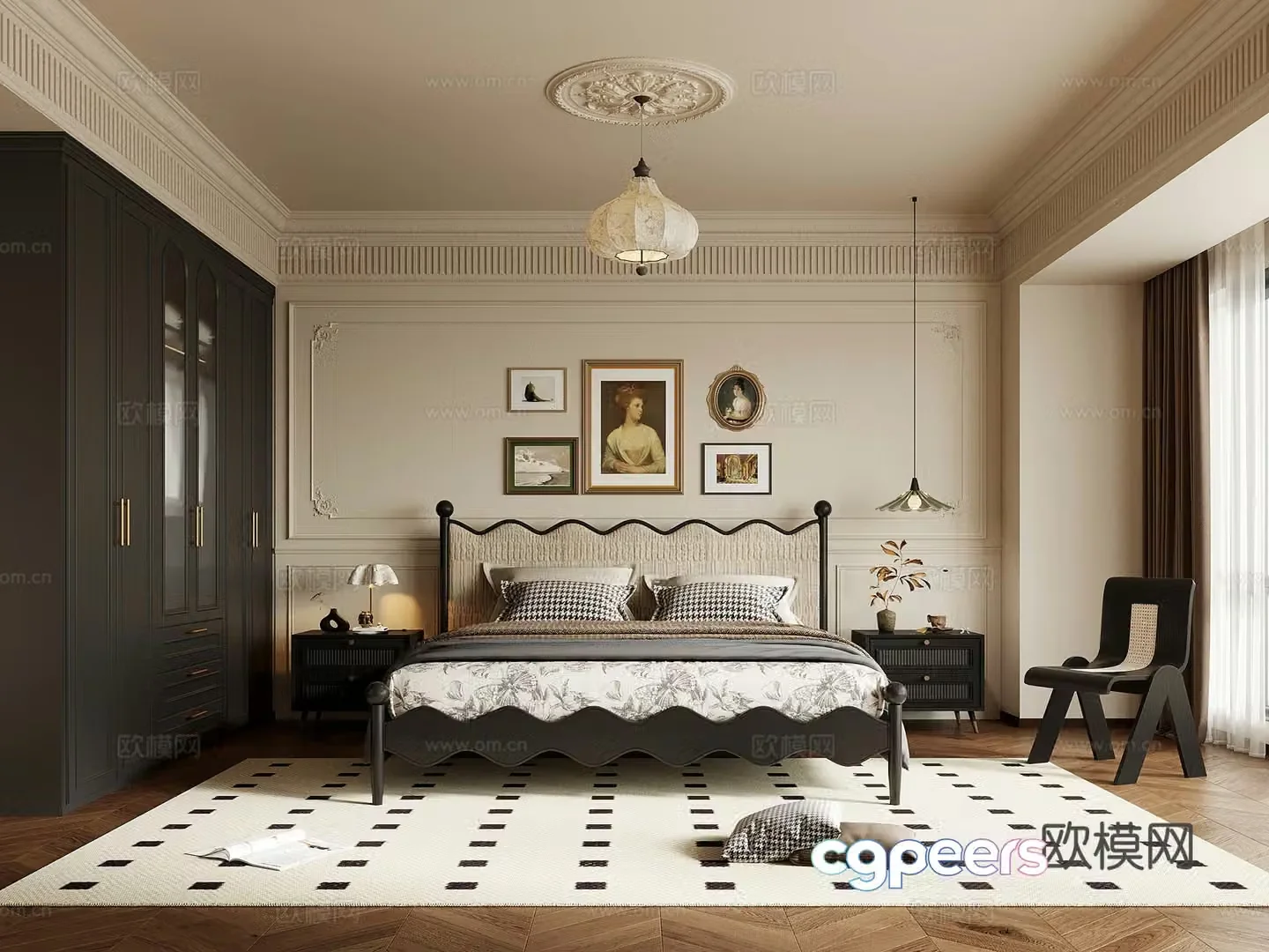 Home bedroom French retro style bedroom Double bed nightstand wardrobe 3d model