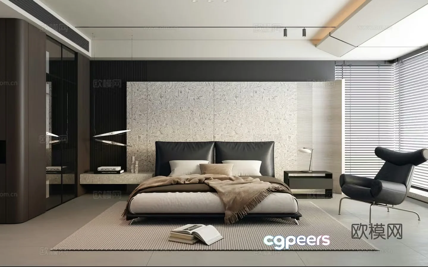 Modern simple home bedroom master bedroom bay window bedroom black and white bedroom bedroom without master light 3d model