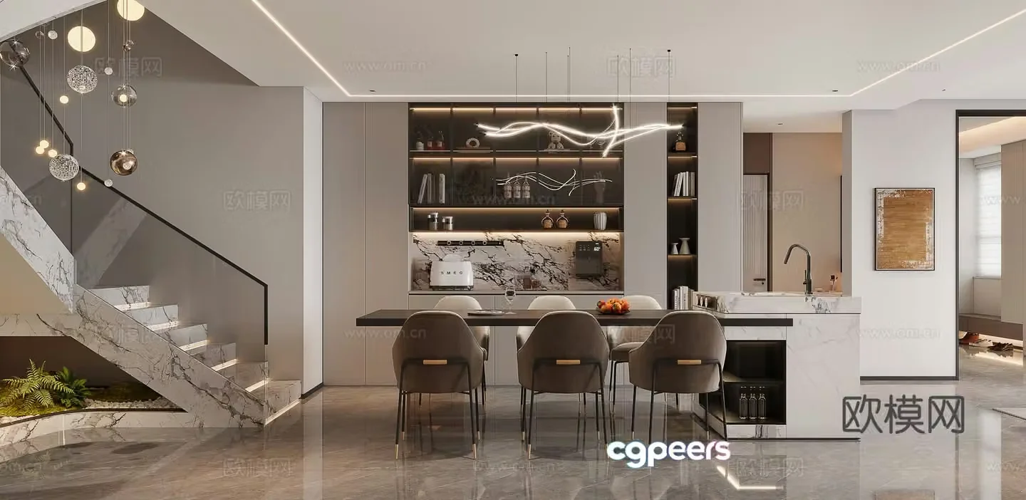 Modern living and dining room 3d model