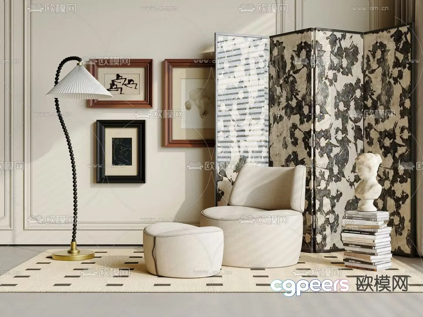 French casual sofa footrest 3d model