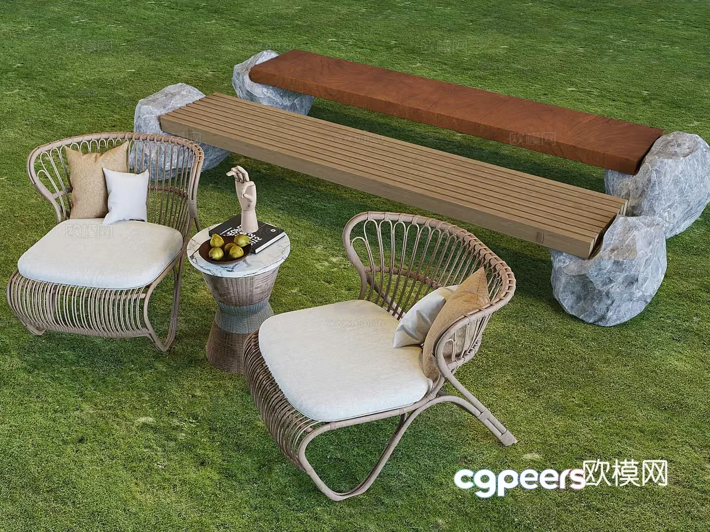 Outdoor solid wood bench stone pier rattan casual tea table and chair 3D model