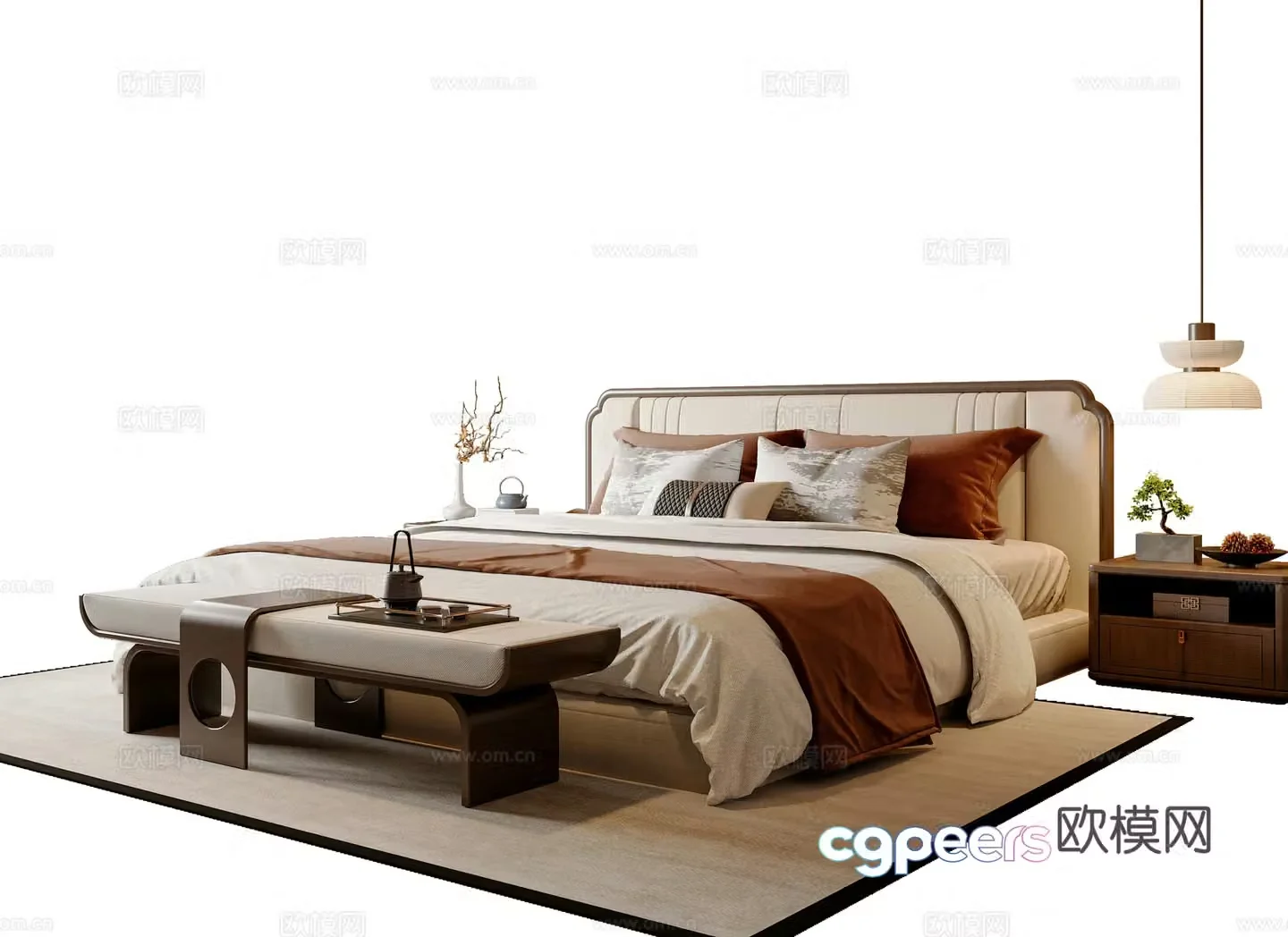 New Chinese style double bed New Chinese style bed tail stool bed nightstand chandeliers Song style 3D model