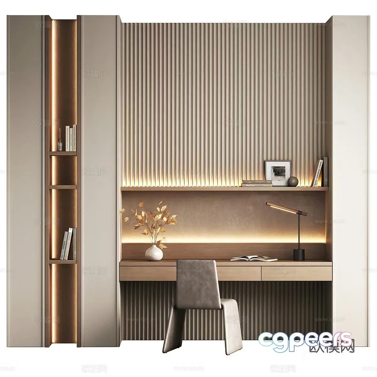 New Chinese style integrated desk and chair wall-wide bookcase 3D model