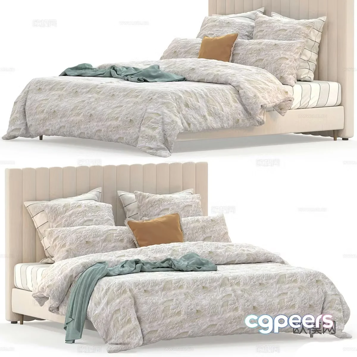 Modern cream style fabric double bed 3d model