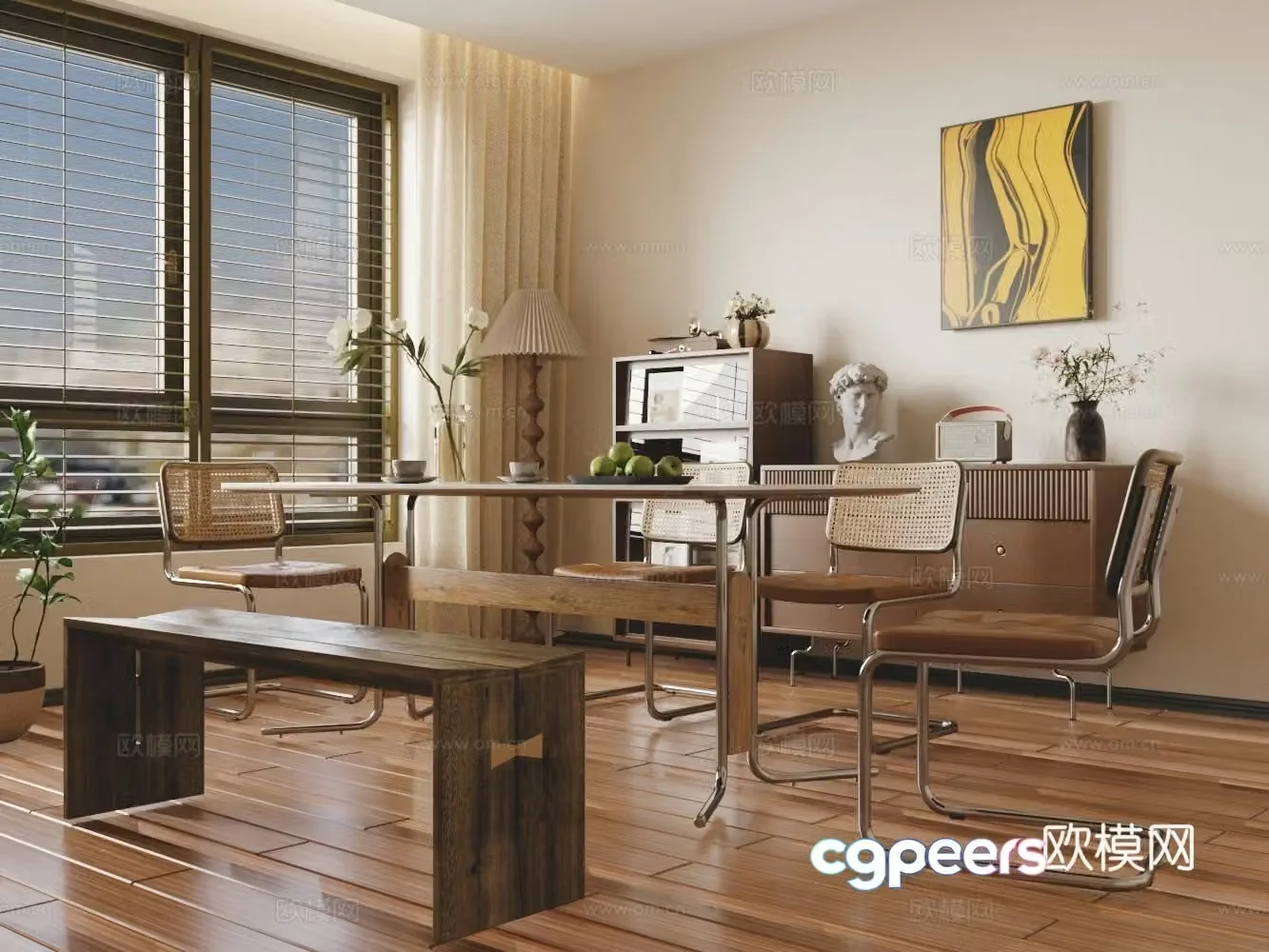 Modern restaurant solid wood dining table and chair combination 3D model