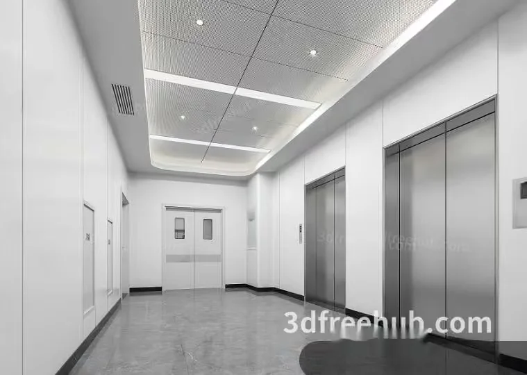 A White Hallway With An Elevator 3D Model – 19957 – VRAY Render