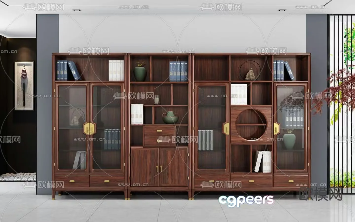 Chinese bookshelf ebony wood bookcase 3d model