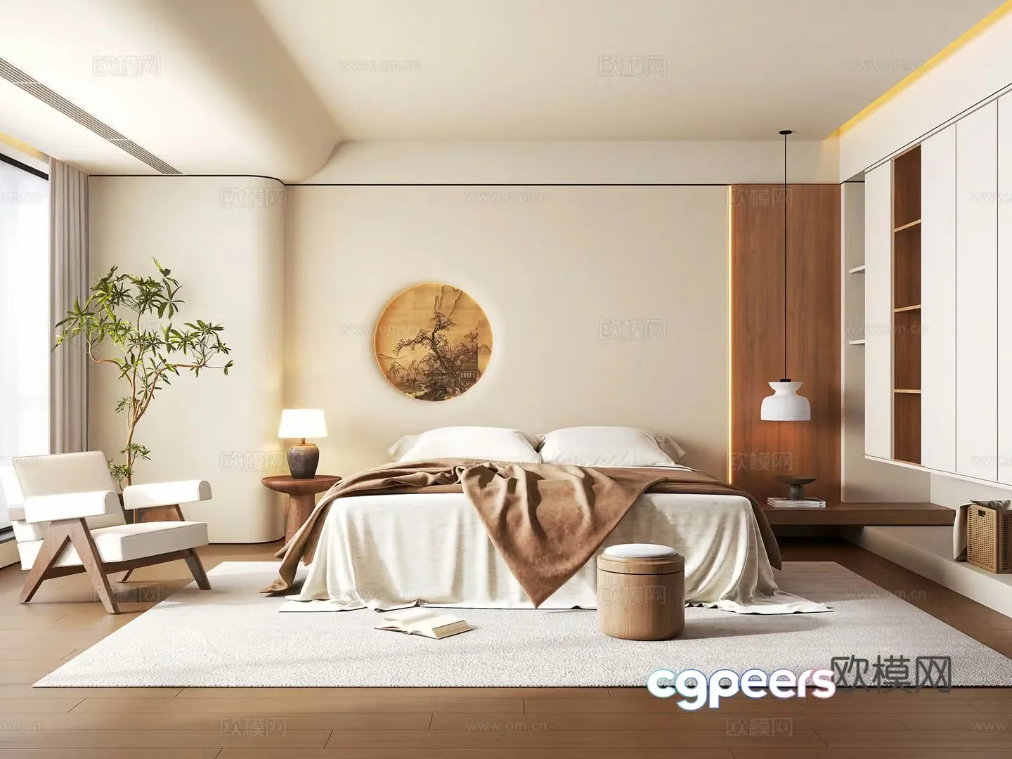 New Chinese style home bedroom New Chinese style fabric double bed Bedside table leisure chair Bedside chandelier 3D model