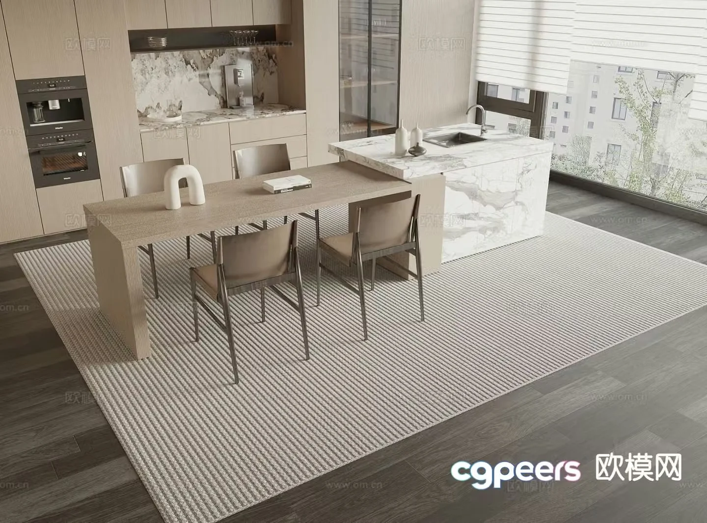 Modern island table dining table and chairs 3d model