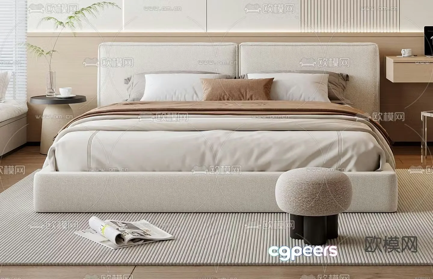 Cream style double bed 3d model