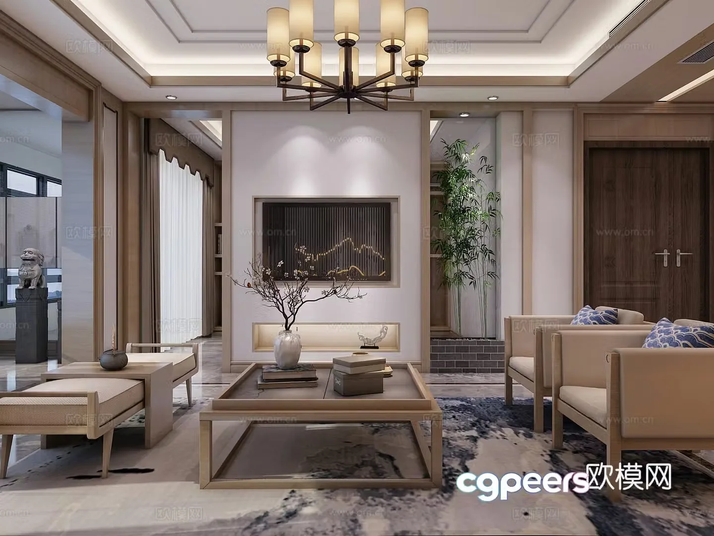 New Chinese style living and dining table chair sofa coffee table chandeliers desktop ornaments 3D model of hanging paintings