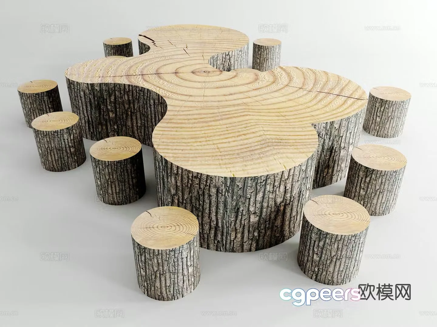 Modern outdoor imitation wood pile table and stool 3d model