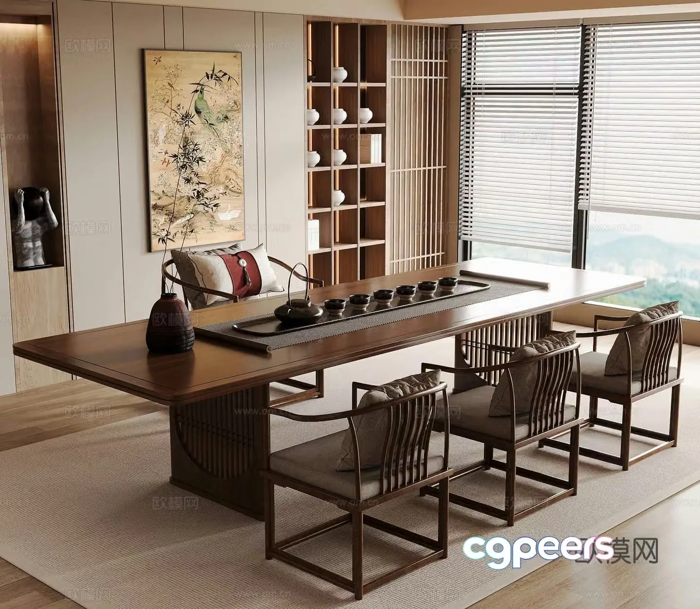 New Chinese-style tea room solid wood tea table and chair ancient shelf tea set 3D model