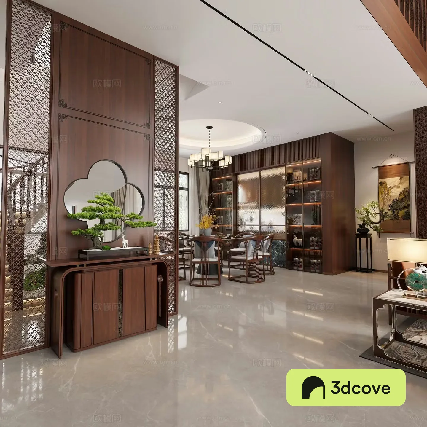 New Chinese style living and dining room New Chinese style villa New Chinese style entrance New Chinese style TV back