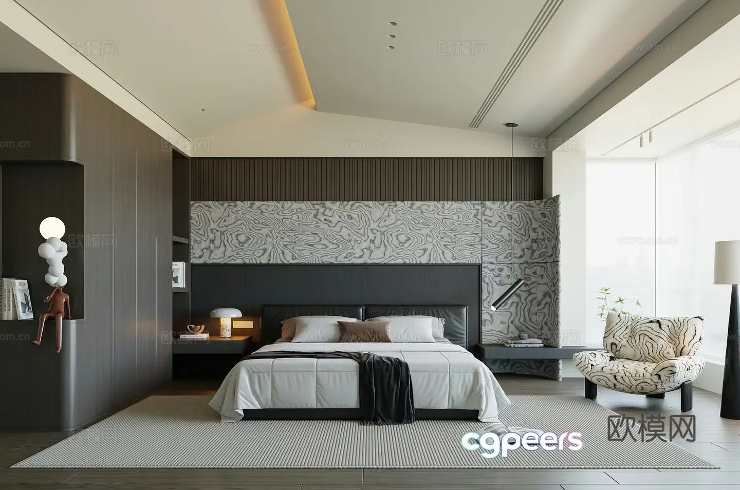 Modern bedroom Minimalist bedroom Italian bedroom Double bed Wardrobe Leisure chair 3d model