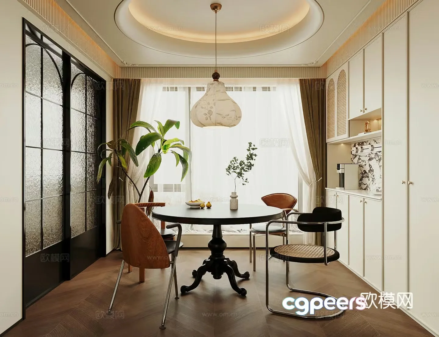 French restaurant dining table and chair chandeliers sideboard 3d model