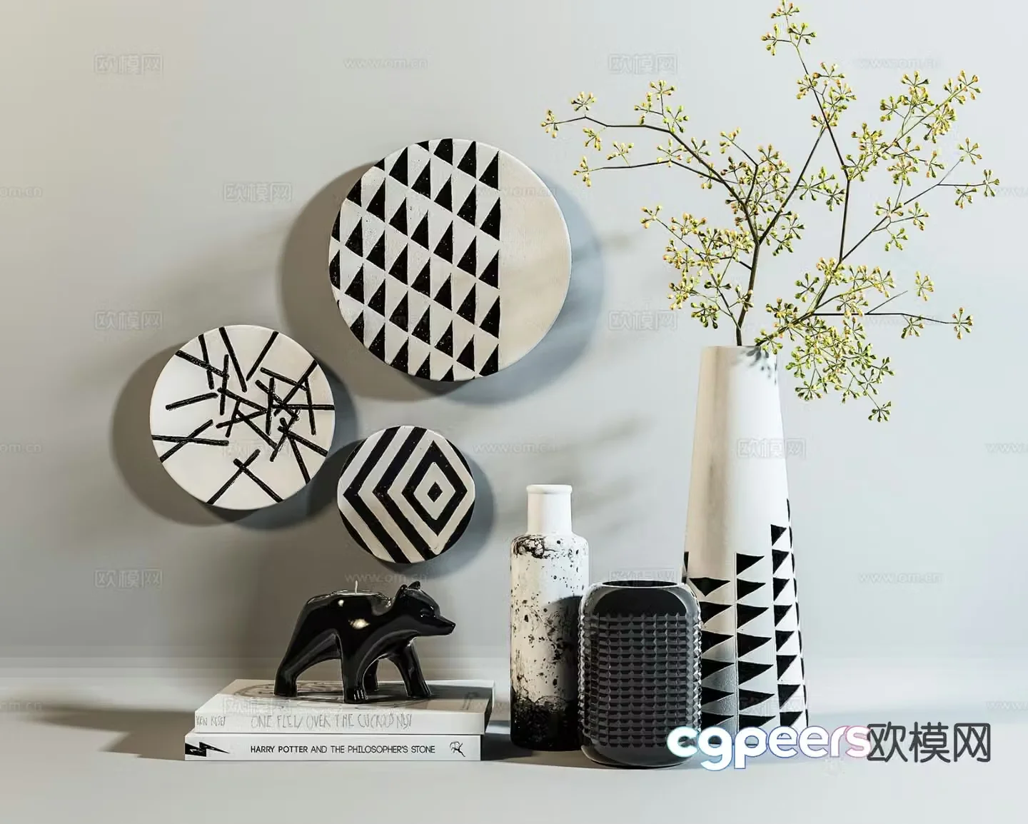 Modern decorations tableware wall decorations vases books 3D model