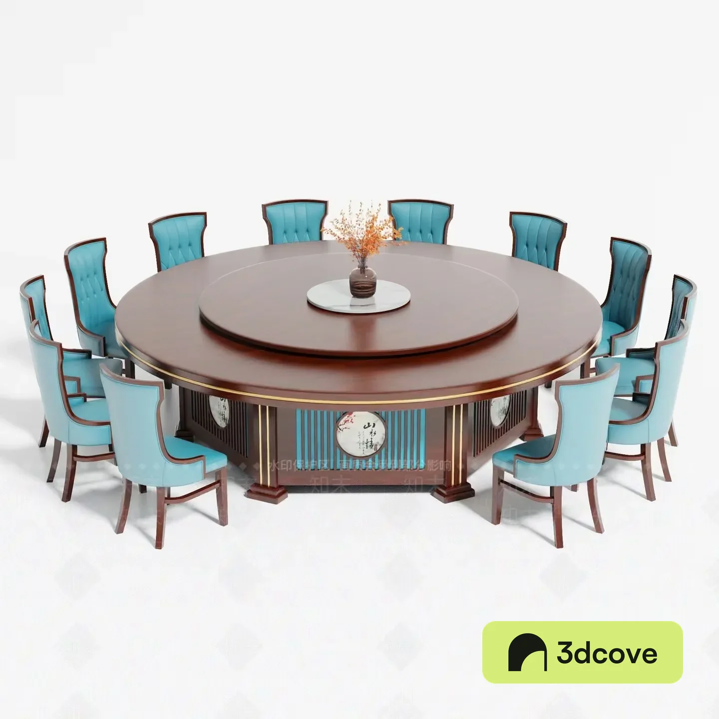 A Round Table With A Vase And Chairs
