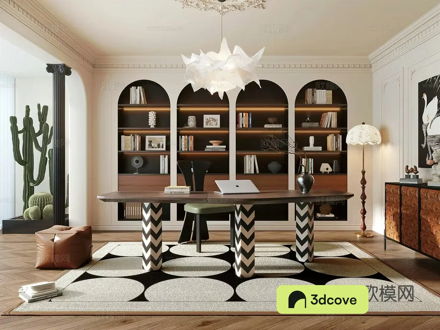 French medieval style study bookcase desk chair study chandelier cactus French fall