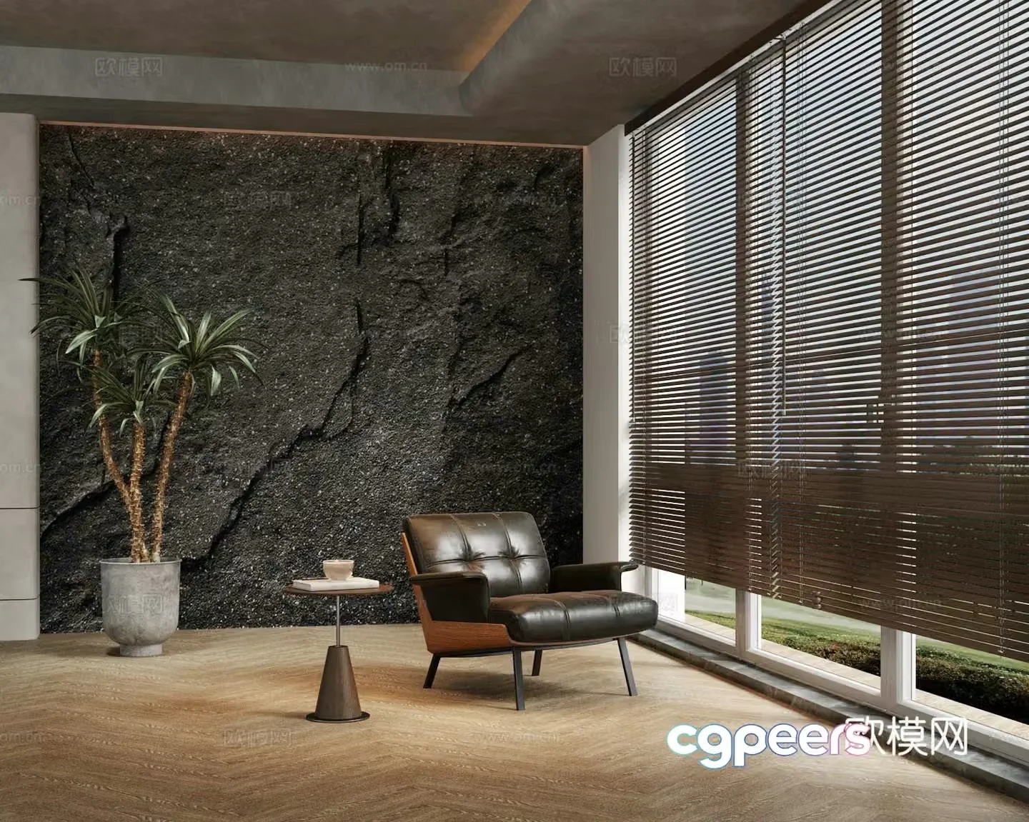 Venetian blinds leisure chair side green plant stone wall background wall 3d model