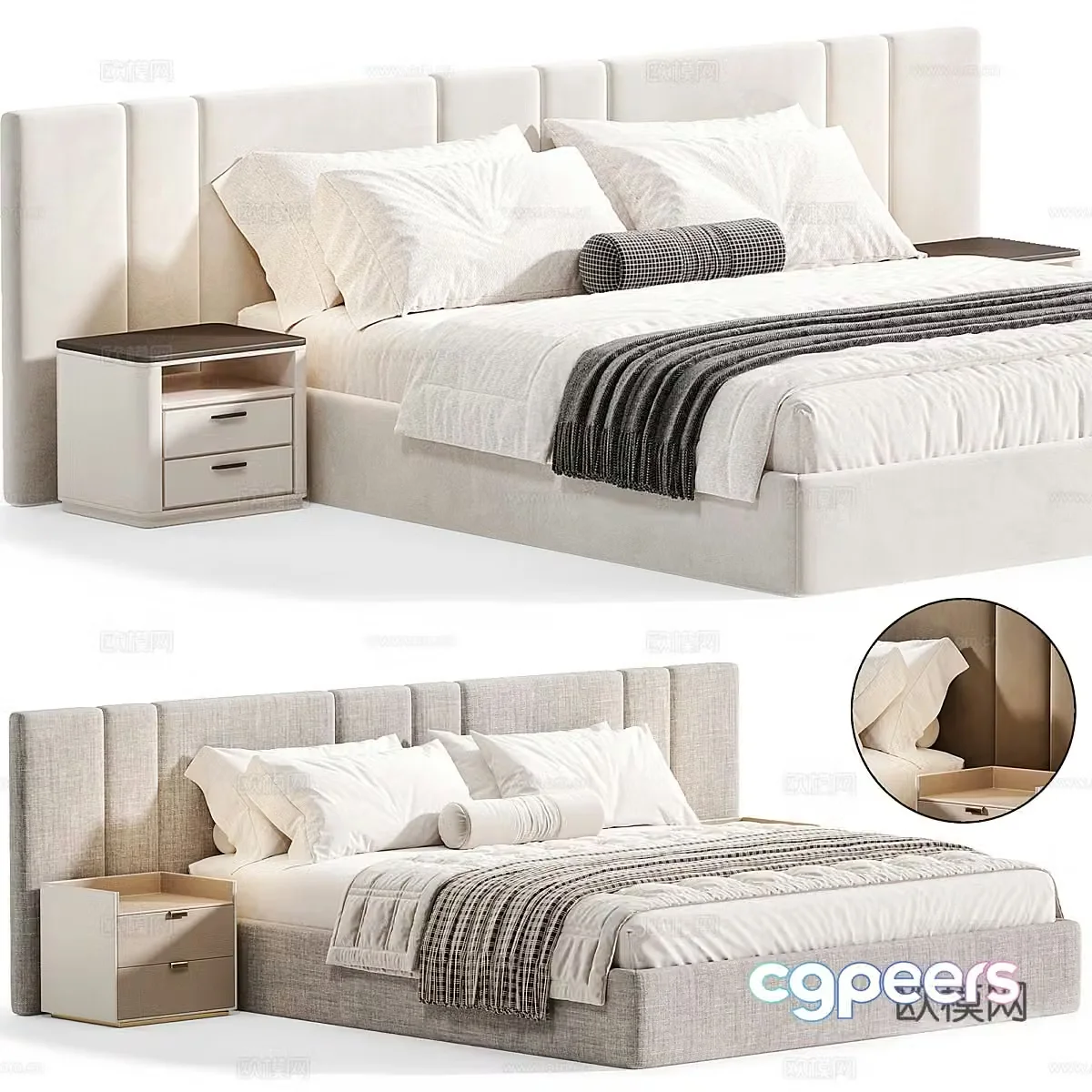 Modern cream style fabric double bed 3d model