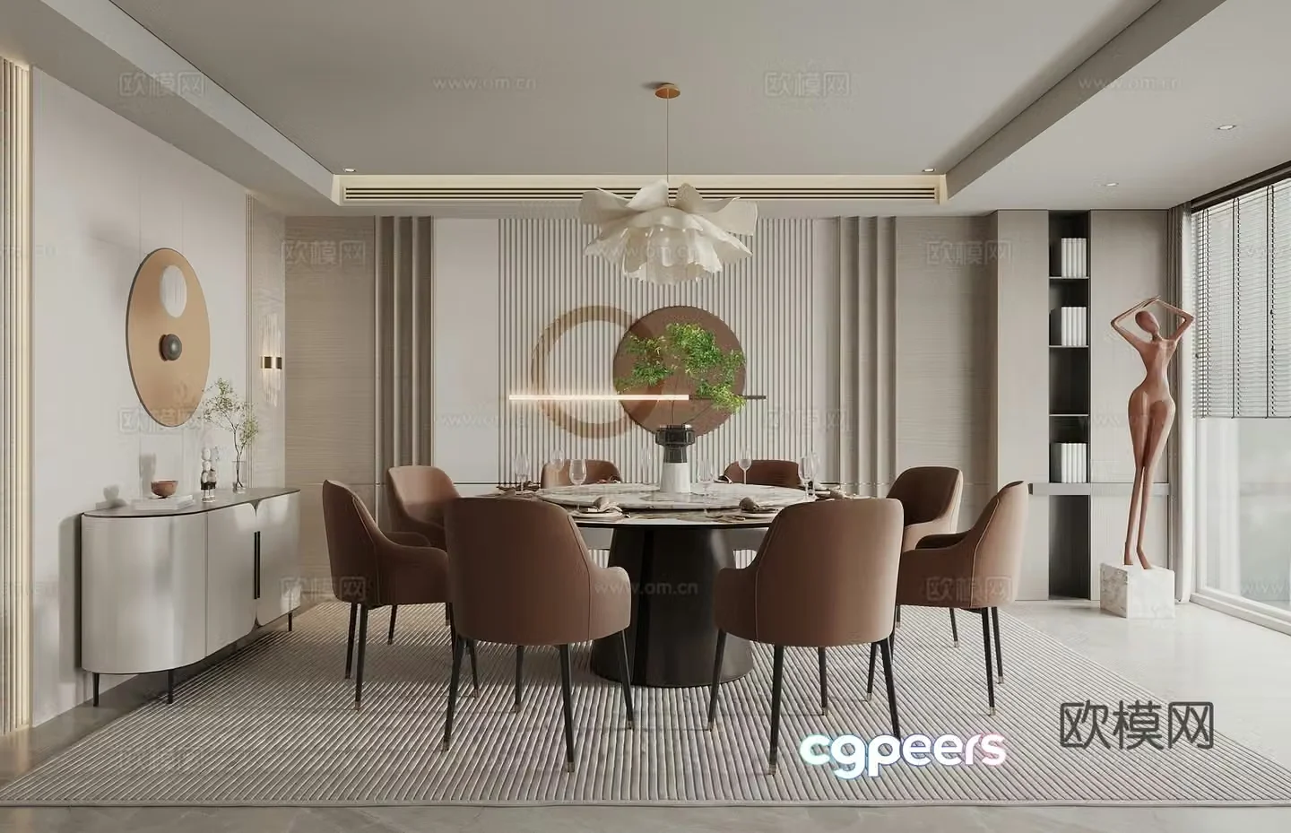 New Chinese restaurant private room background wall round dining table and chairs hotel private room 3D model