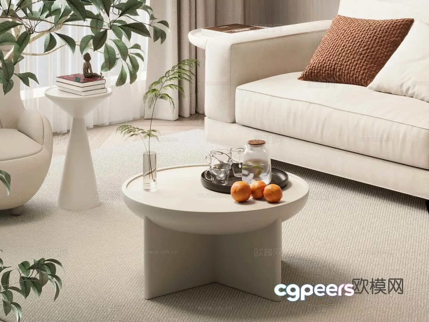 Wasabi style coffee table creamy style living room coffee table round coffee table stone side table 3D model