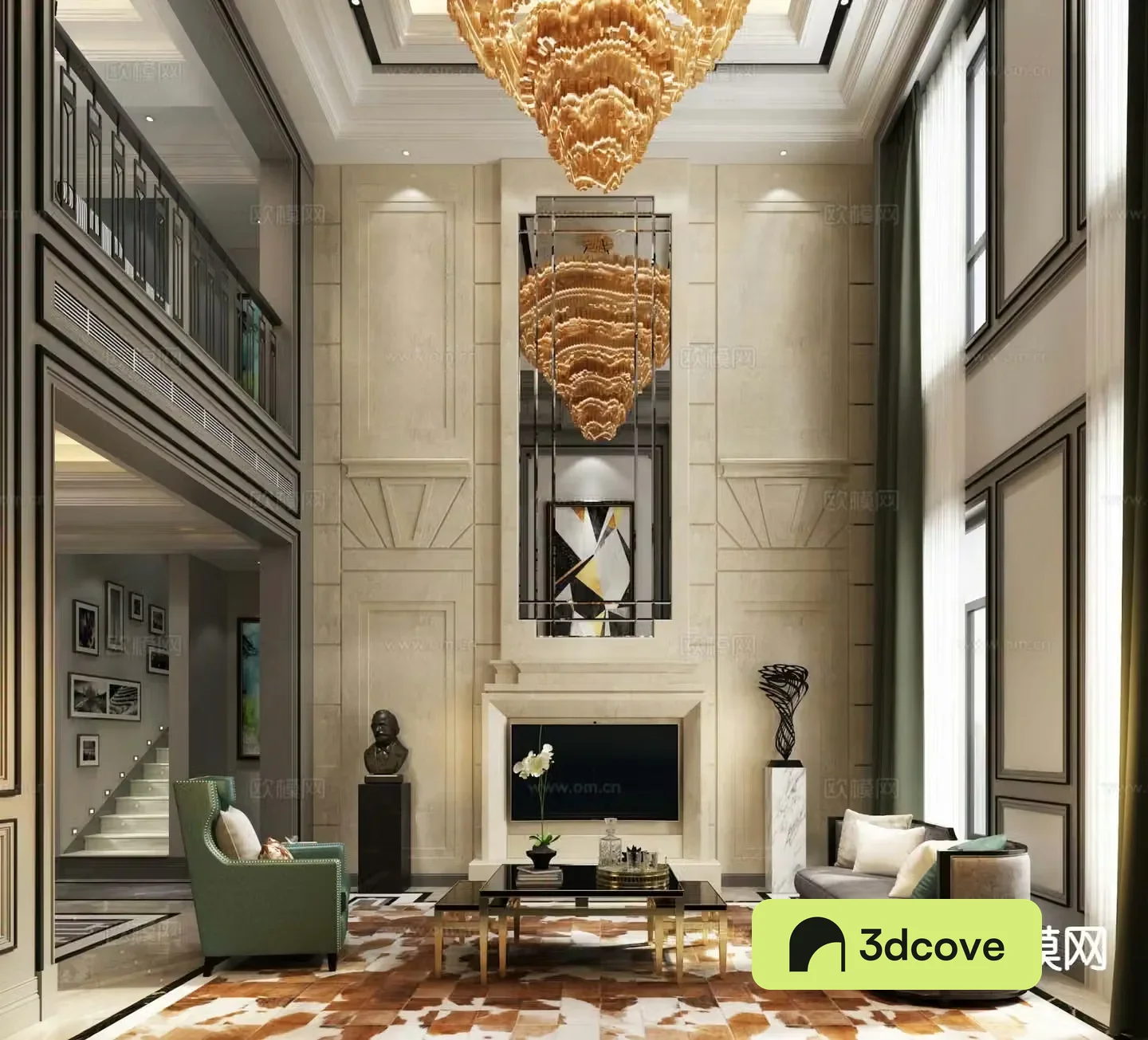 European style villa living room 3d model of villa hall