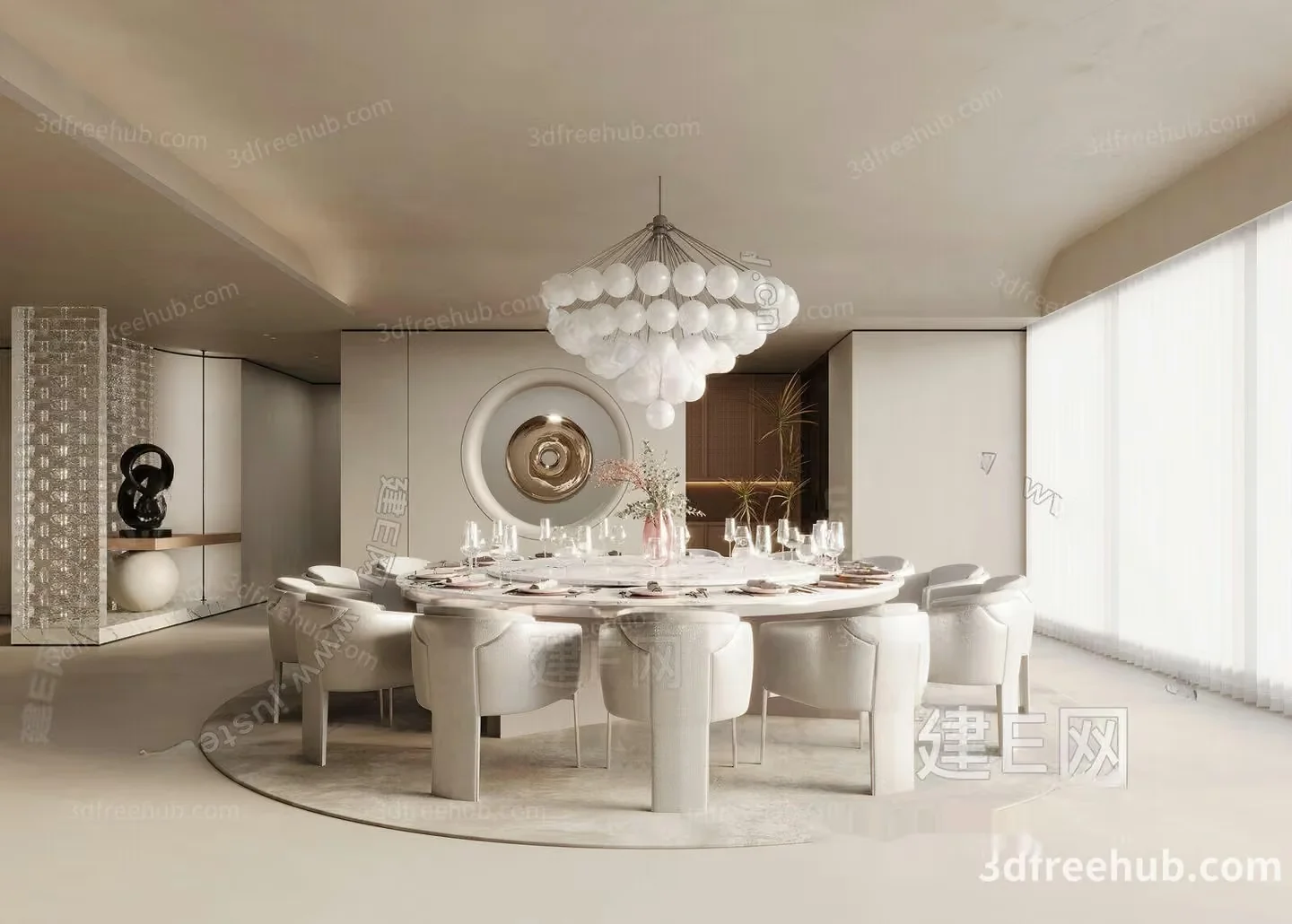 A Modern Dining Room With A Large Table And Chairs 3D Model – 20837 – VRAY Render