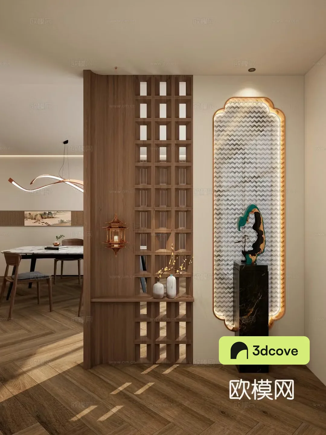 New Chinese-style solid wood shape partition diamond-shaped glass partition