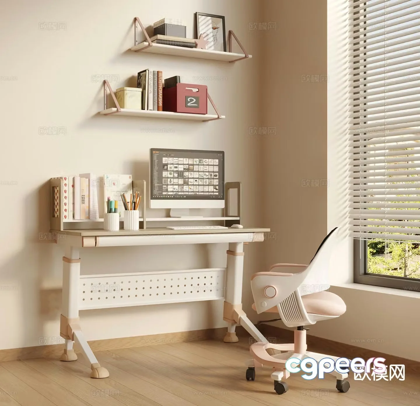 Modern children’s study table desk chair writing desk 3d model