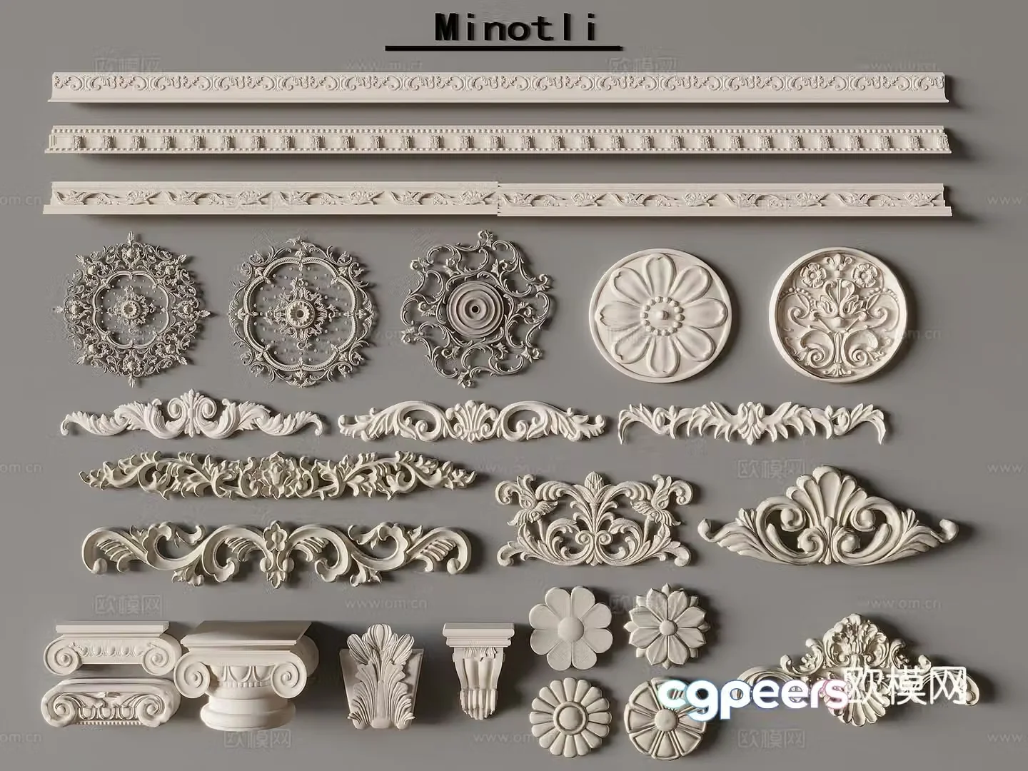 French carved gypsum line gypsum corner flower line components French background wall decoration 3D model