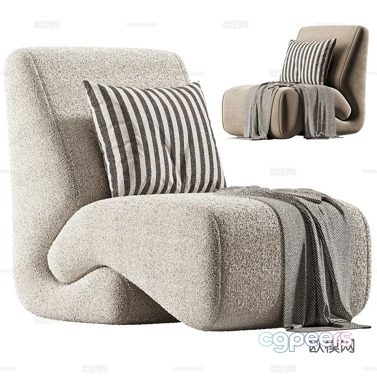 A Beige Chair With A Striped Pillow 3D Model – 3329 – CORONA Render