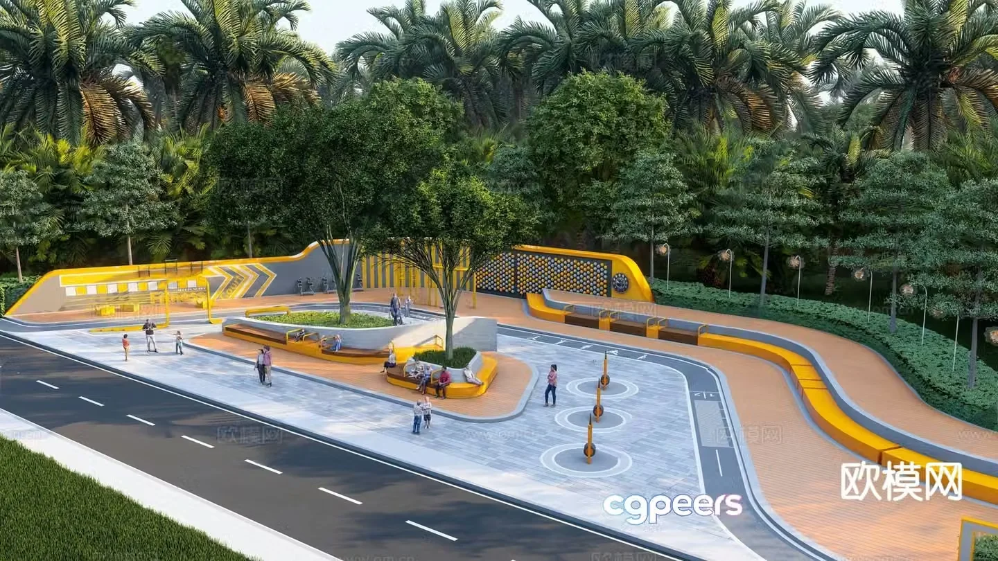 Modern pocket park street corner green space park 3d model