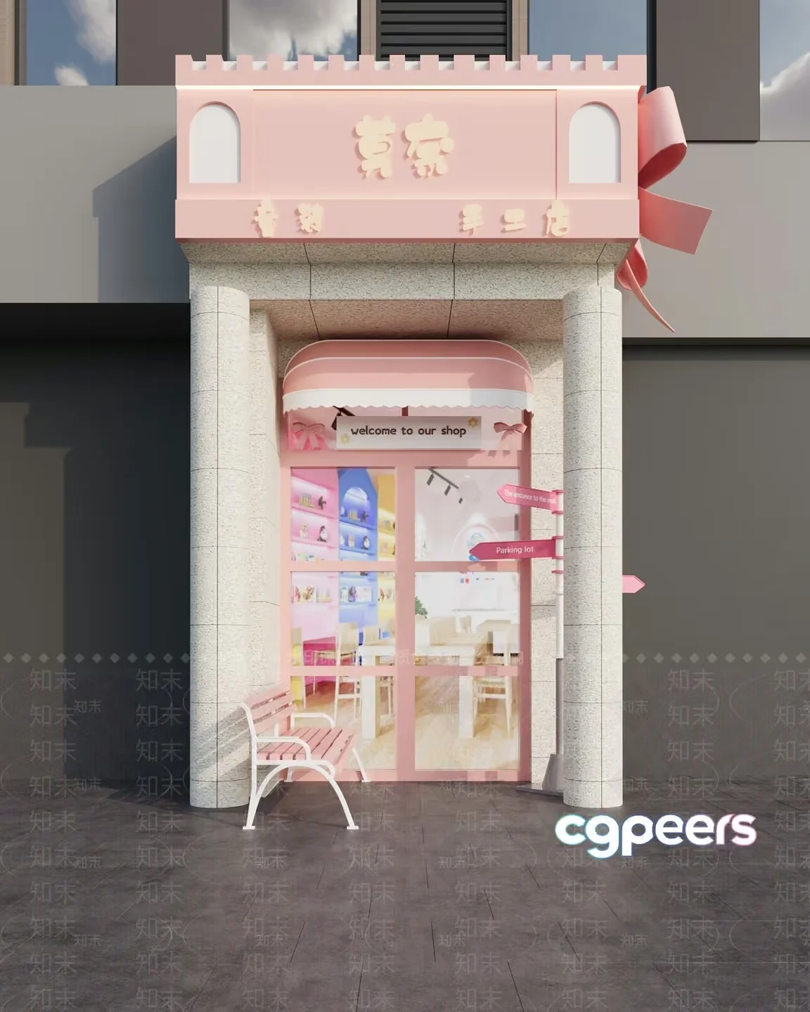 The Single Main Subject Is A Pink Shop With A Bench 3D Model – 6510 – VRAY Render