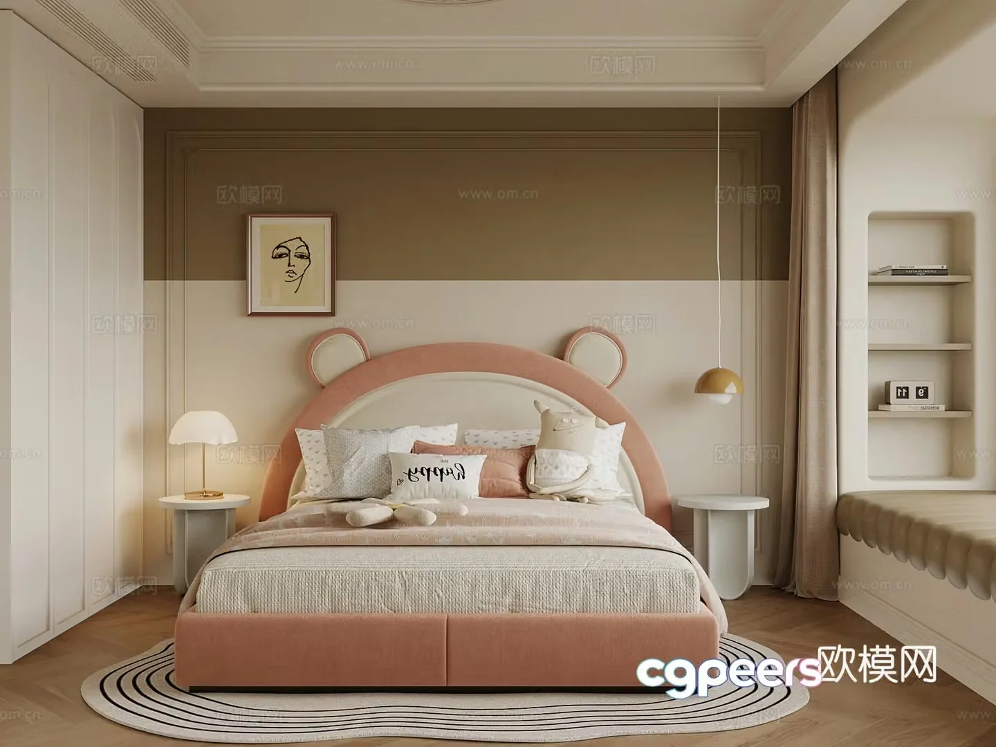 French children’s room double bed bay window girl’s room 3d model
