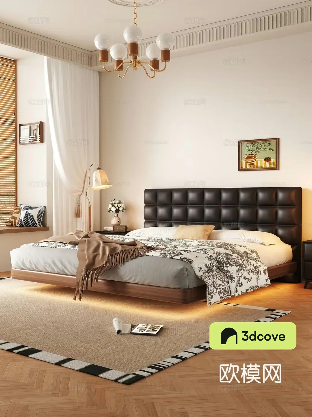 Modern medieval style bedroom with suspended bed