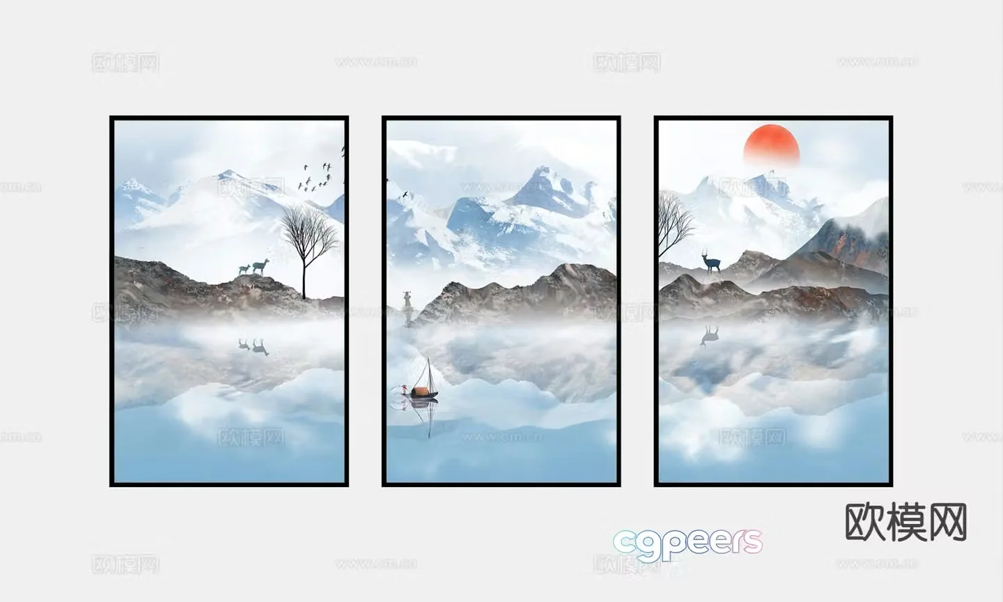 New Chinese style decorative painting landscape painting hanging painting 3D model